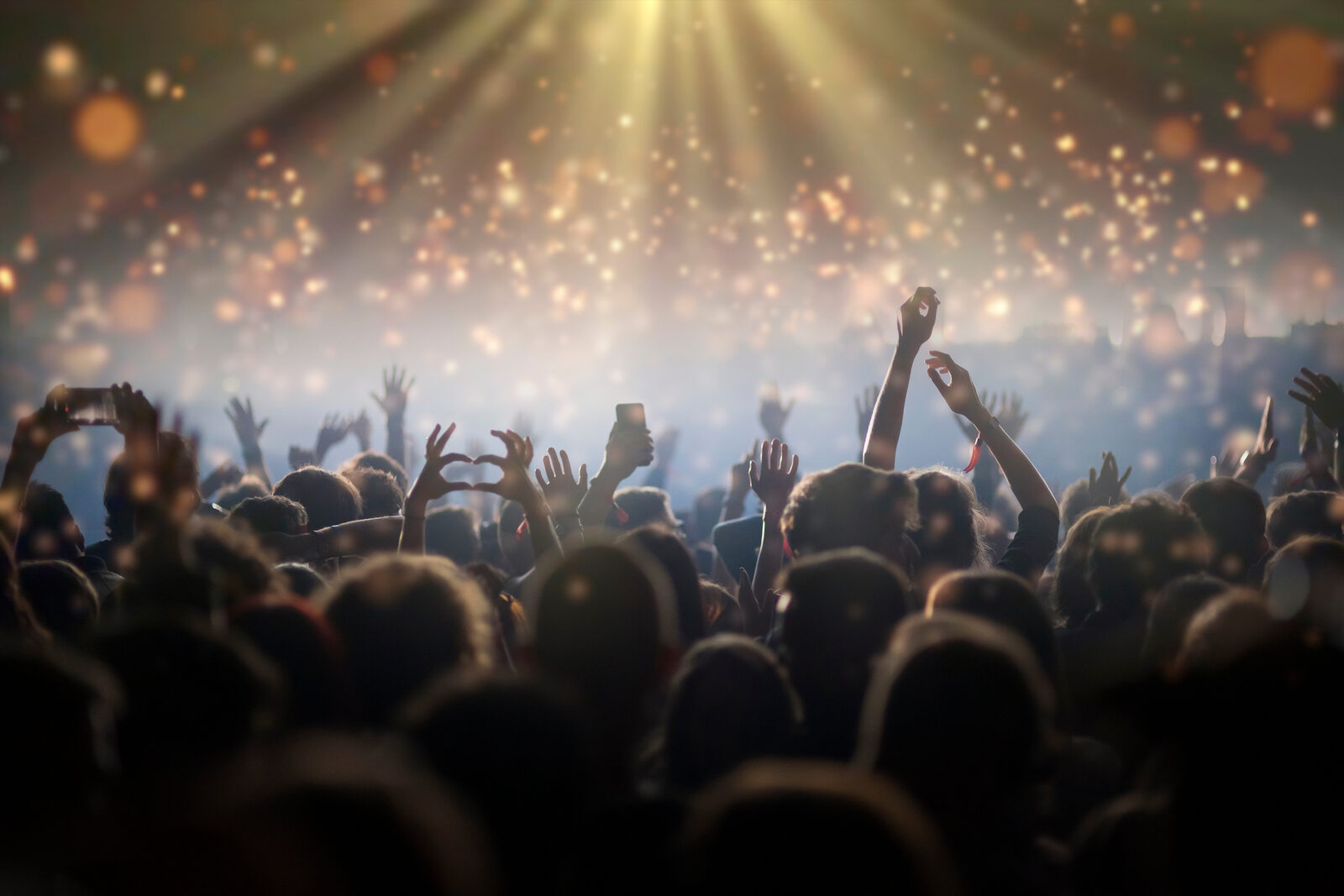 Festivalpubliek geniet van een live show, verlicht door podiumlicht